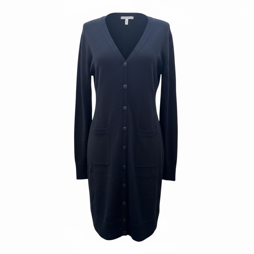 Lord & Taylor Merino Wool Longline Cardigan‎ Duster Black Button Front Petite M